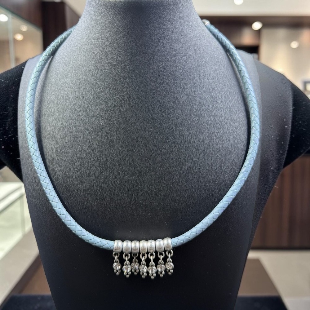 Premier Designs Blue Braided Cord Crystal Dangle Statement Necklace Floral 22"